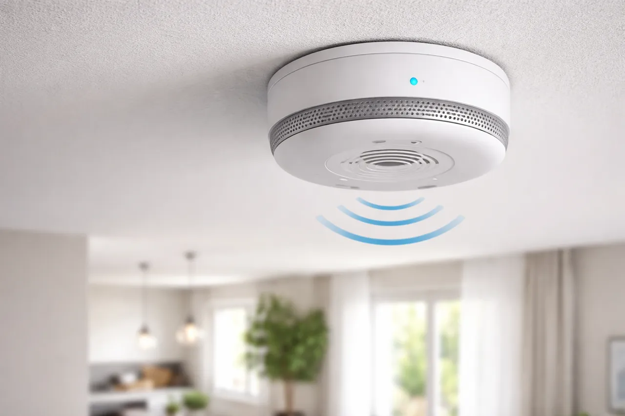 Détecteur de fumée connecté installé au plafond d'un logement