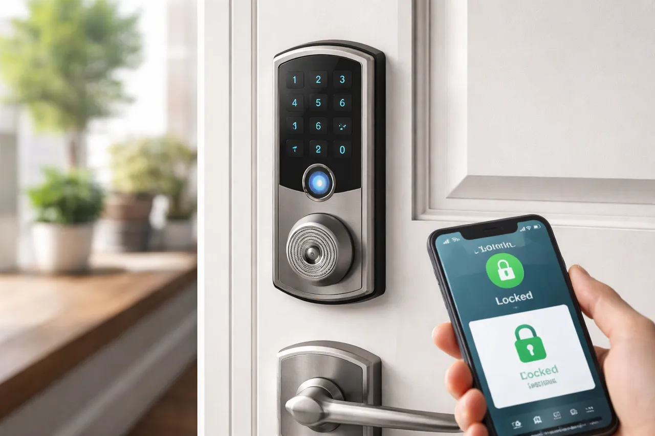 Serrure connectée intelligente installée sur une porte d'entrée