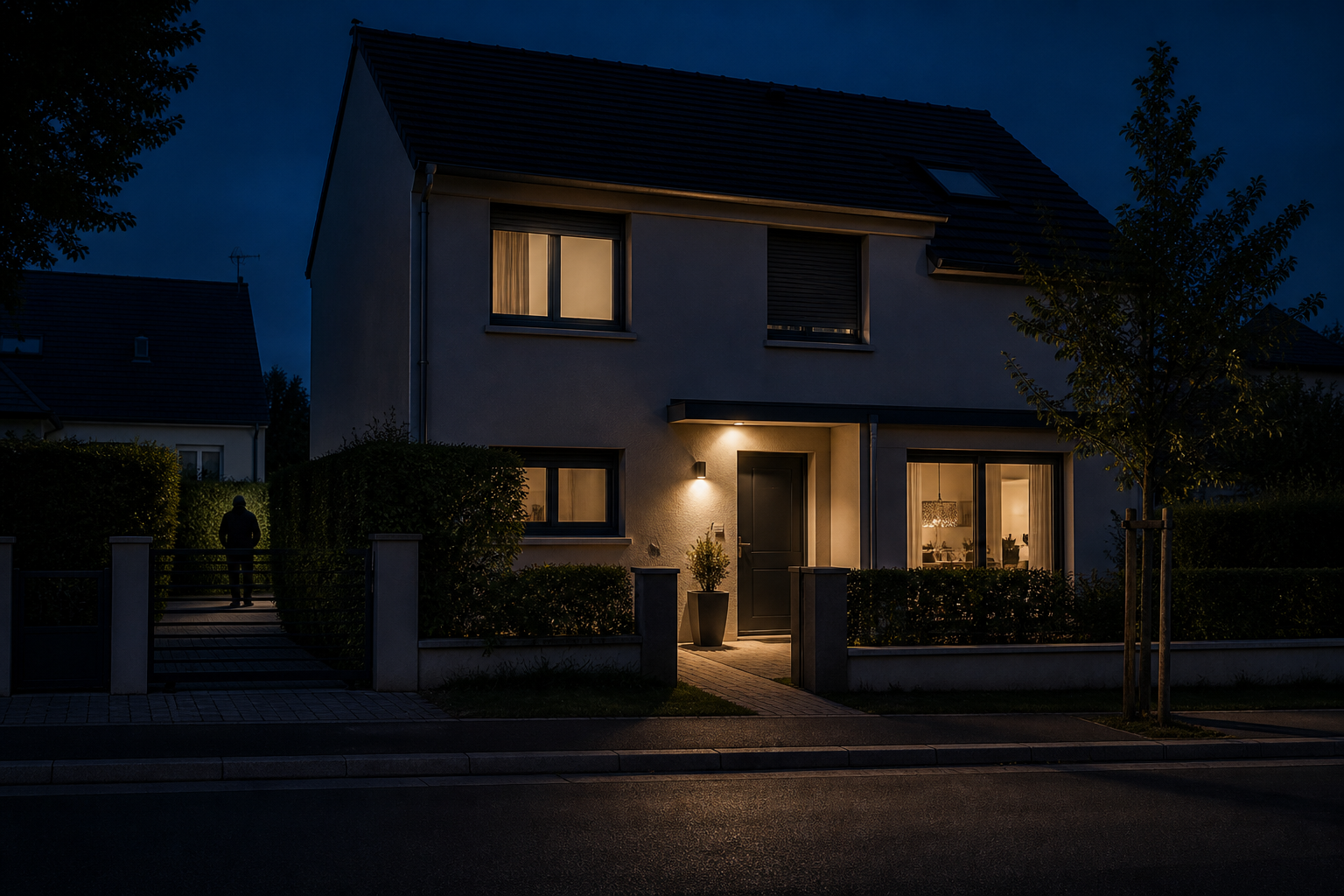 Maison de nuit avec silhouette discrète évoquant le risque d'intrusion et les statistiques d'insécurité à Blain